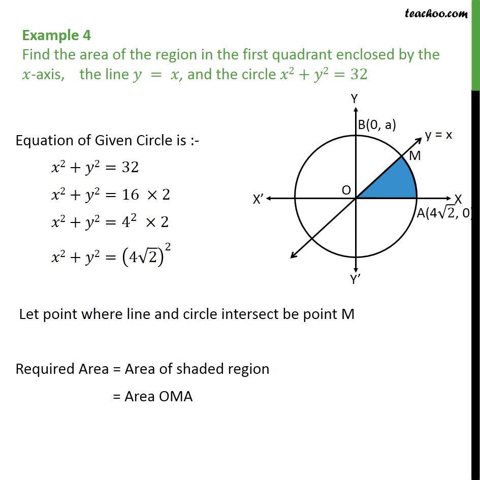 Example 4 - Find area enclosed by x-axis, y = x and circle - Examples