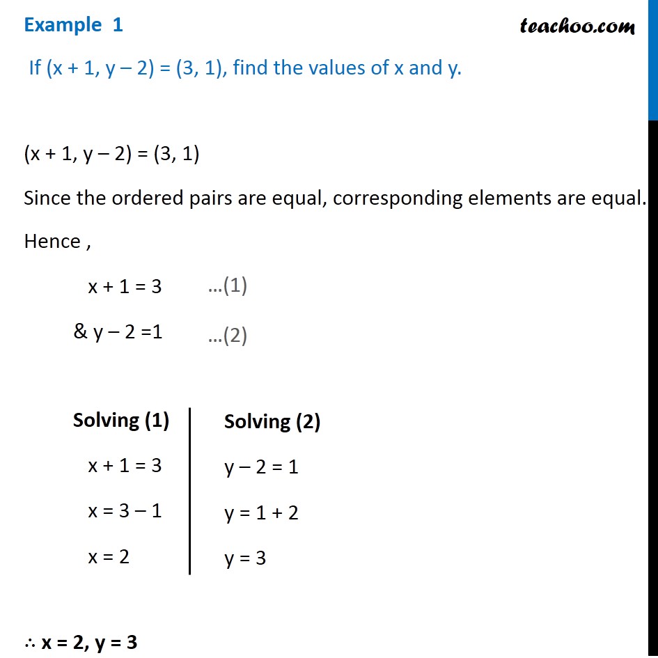 Example 1 - If (x + 1, y - 2) = (3,1), find x and y - Class 11