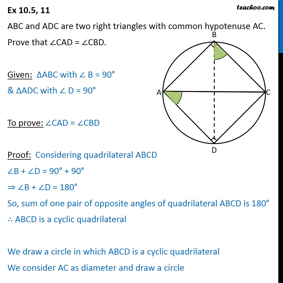 Ex 10.5, 11 - ABC and ADC are two right triangles with - Cyclic quadrilaterals