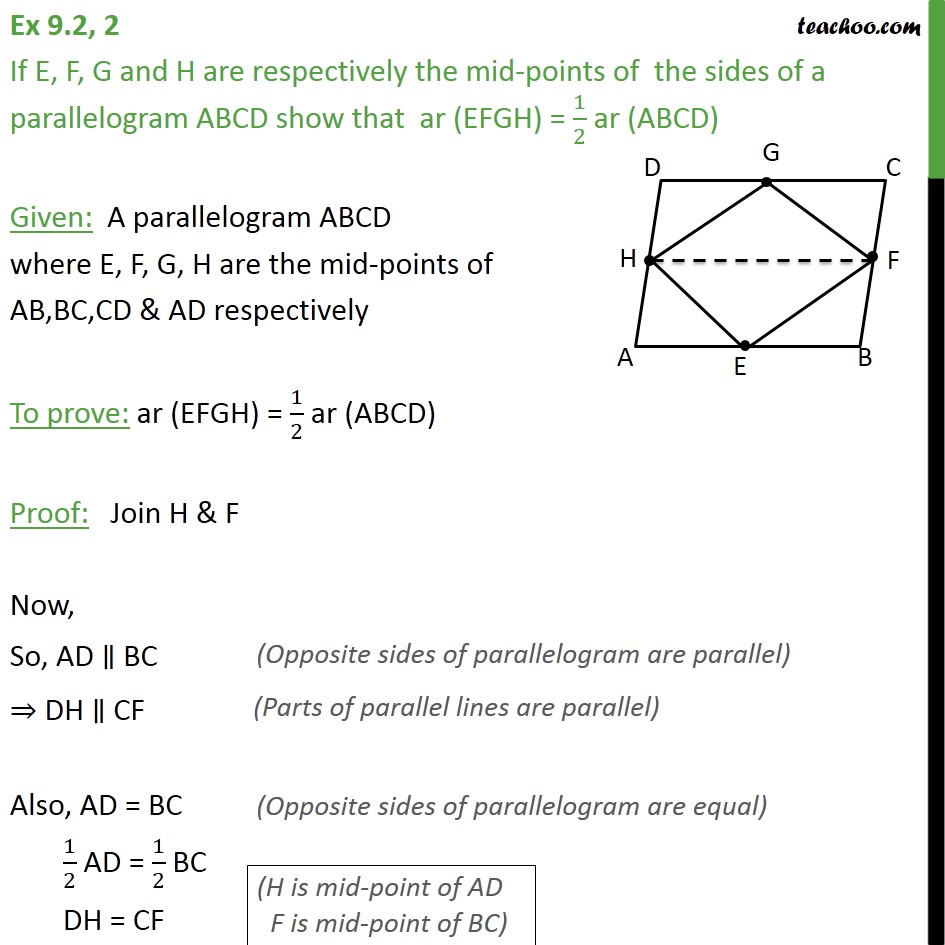 Question 2 - If E, F, G and H are mid-points of sides - Area of Parall