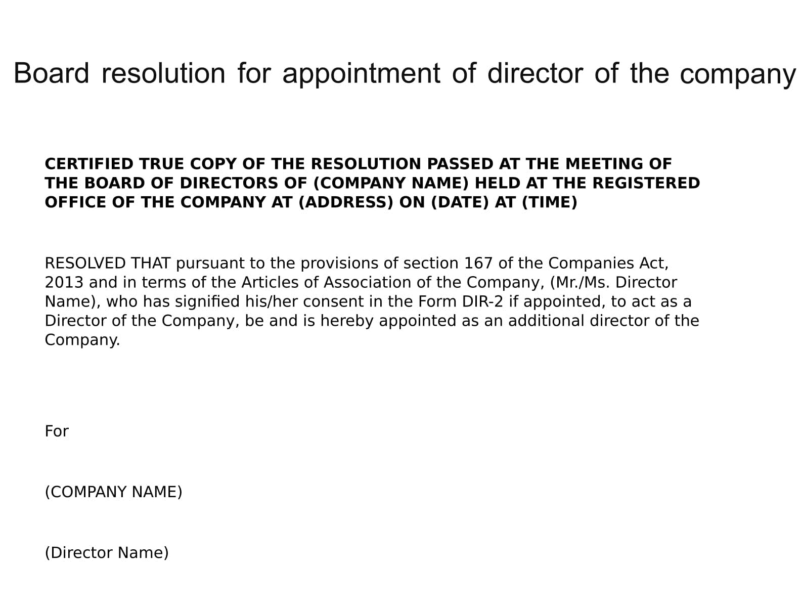 Board resolution for appointment of director of the company