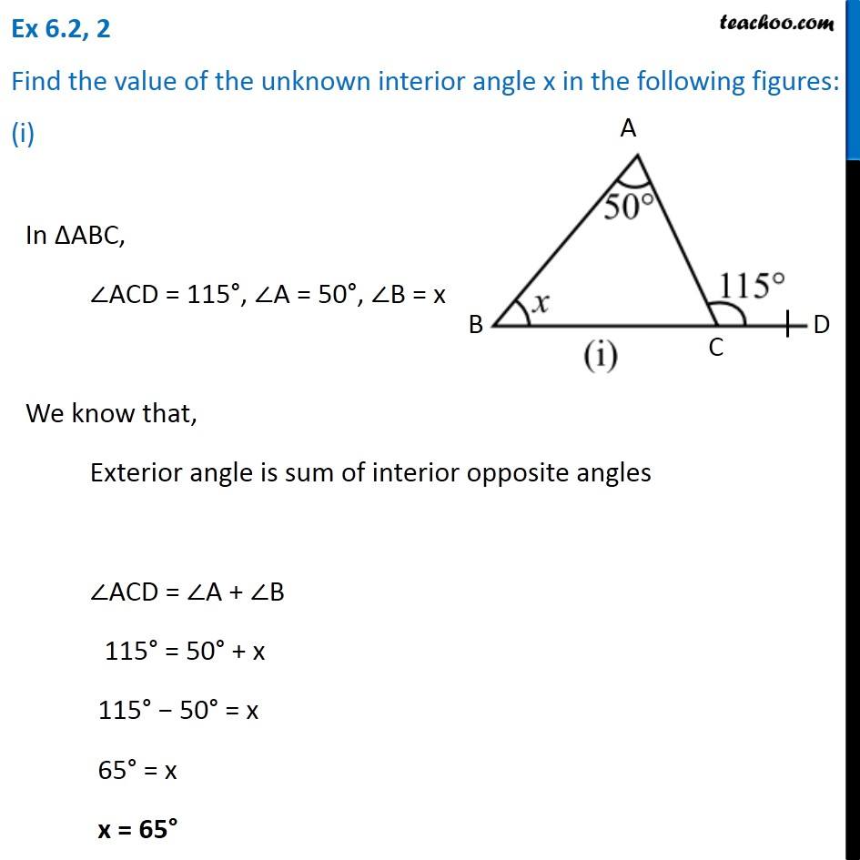 Ex 6.2, 2 - Find the value of unknown interior angle x in the figures