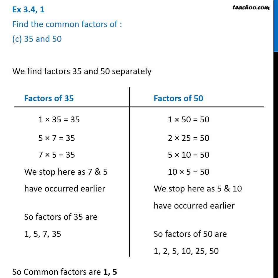 Common Factors Of 35 And 50 Class 6 Playing With Numbers Teachoo