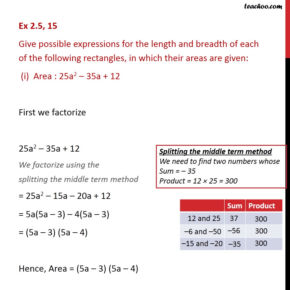 Ex 2.5, 15 - Give possible expressions for length & breadth - Factorisation by middle term
