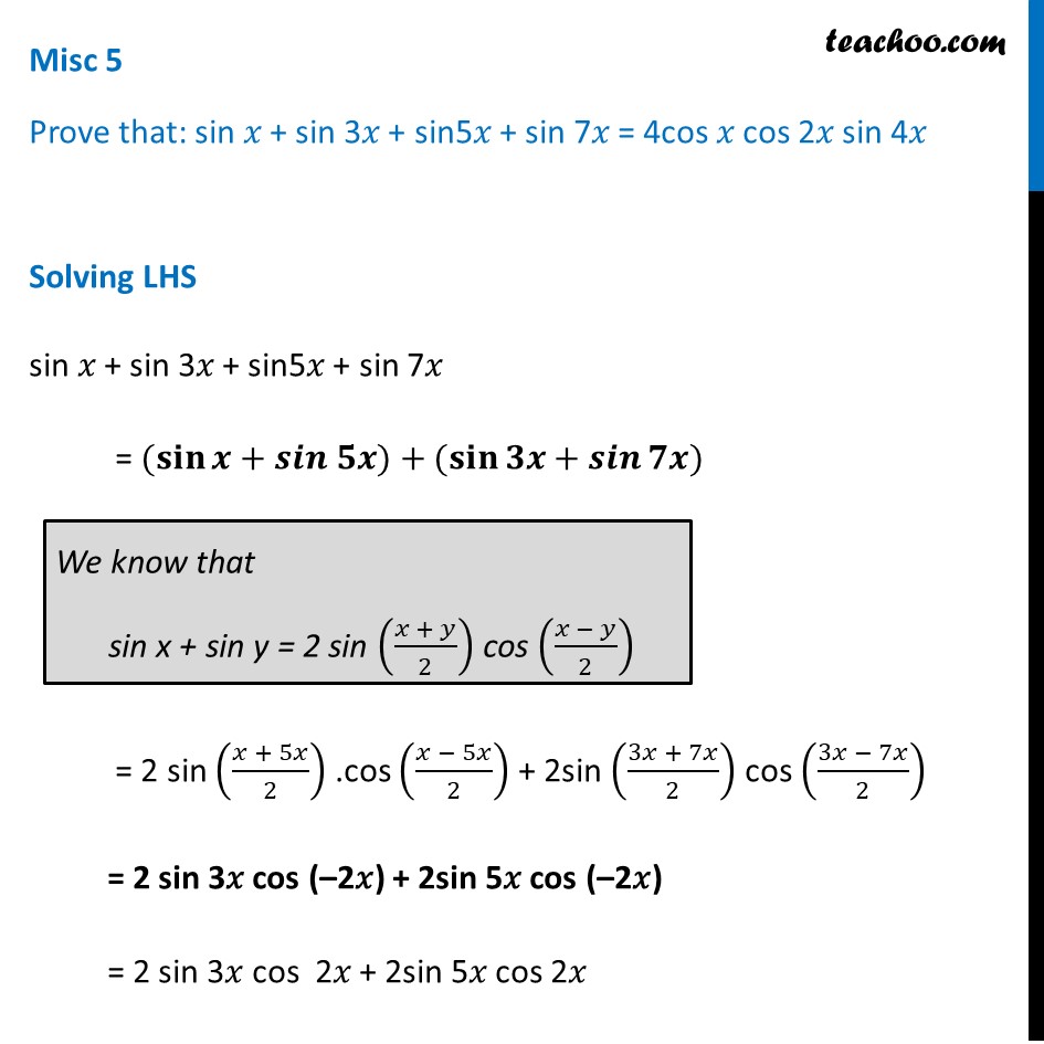 Misc 5 Prove Sin X Sin 3x Sin5x Sin 7x 4 Cos X