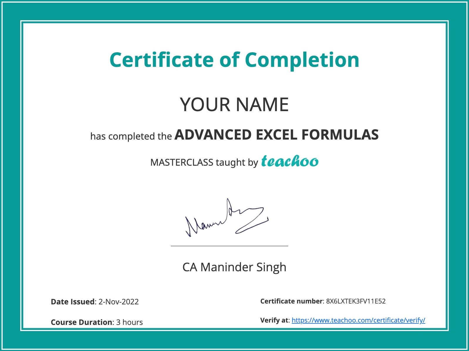 Certificate after doing the Excel Masterclass