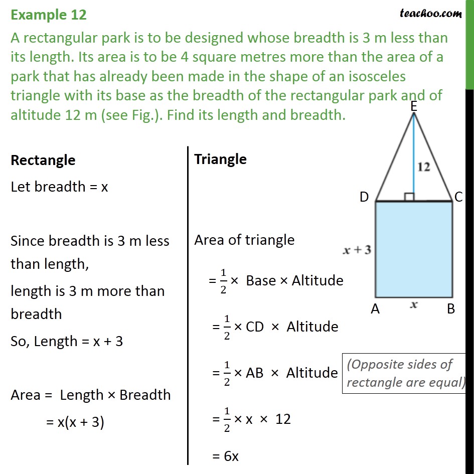 Example 12 - A rectangular park is to be designed whose - Solving by quadratic formula - Equation to be formed