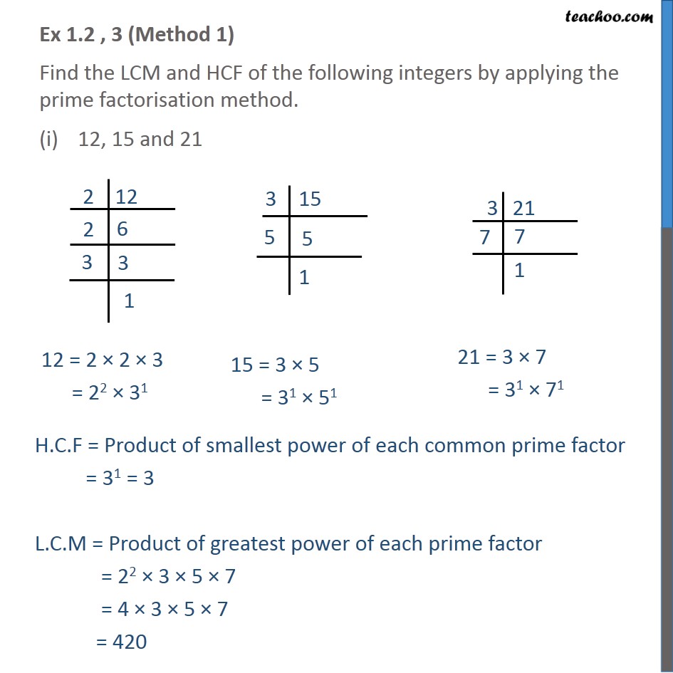 Ex 1 1 3 i Find LCM And HCF Of 12 15 And 21 with Video 