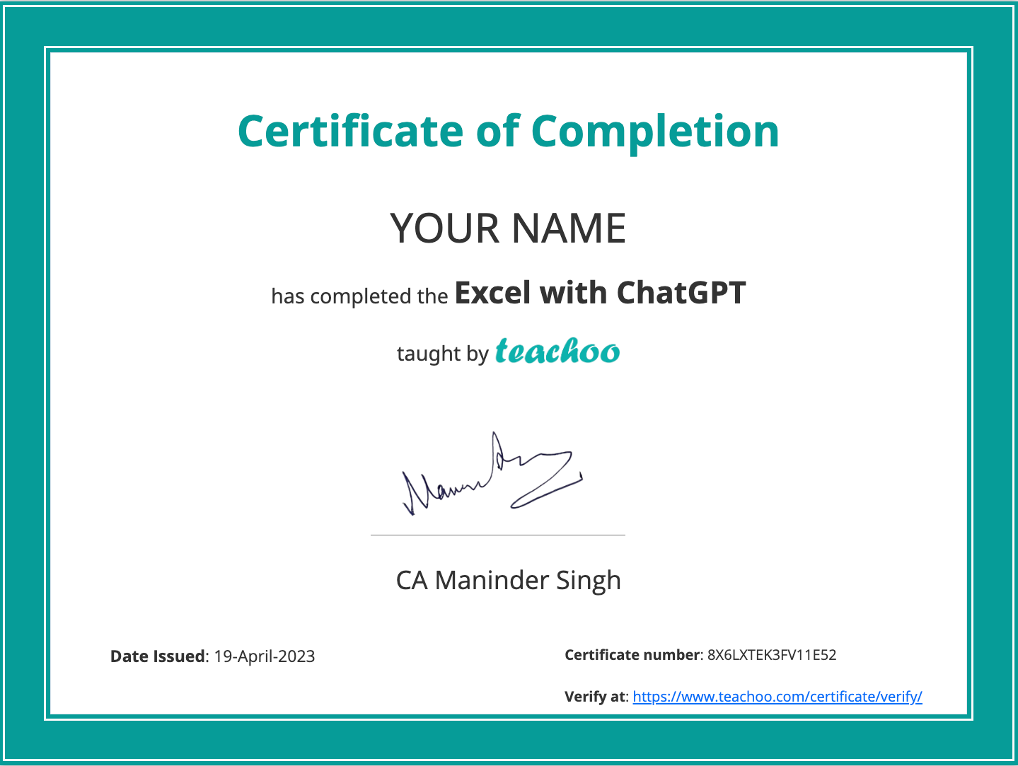 Certificate after doing the Excel Masterclass