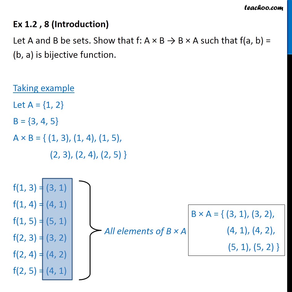 Ex 1.2, 8 - Show That F: A X B -> B X A, F(a, B) = (b, A)