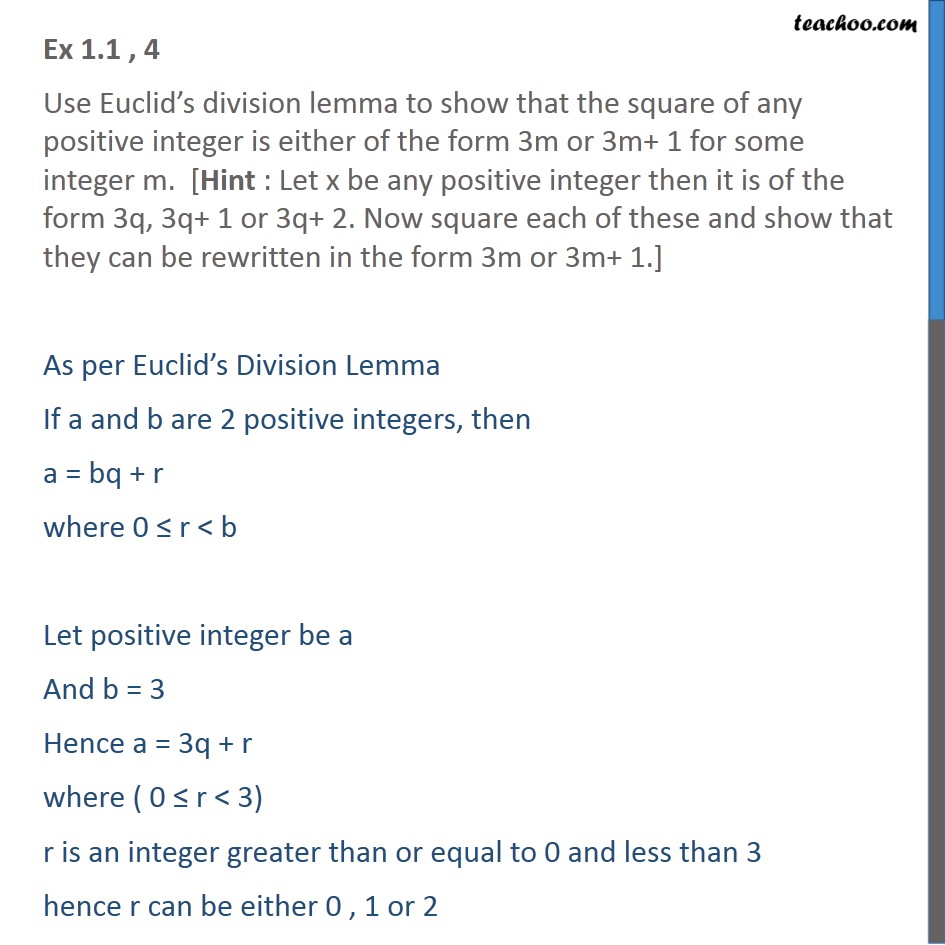 Question 4 - Use Euclid’s Division Lemma To Show That Square