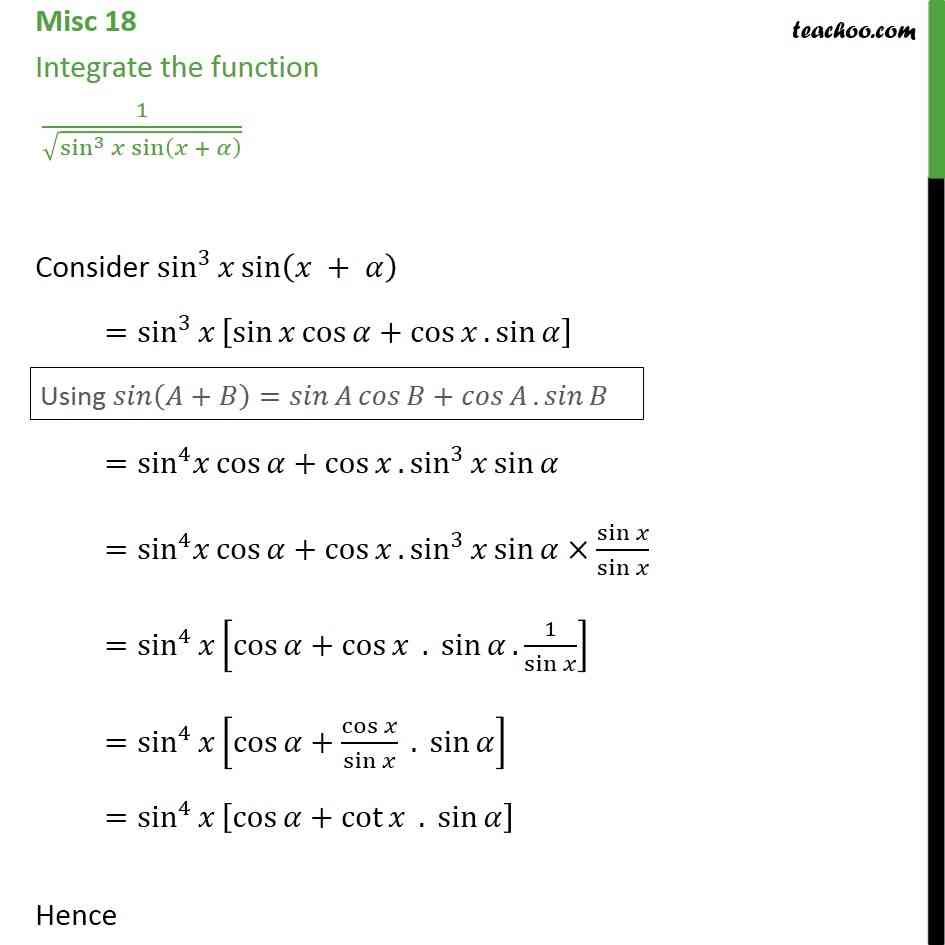 Misc 18 - Integrate 1/root (sin^3x sin⁡(x + a) ) - Teachoo