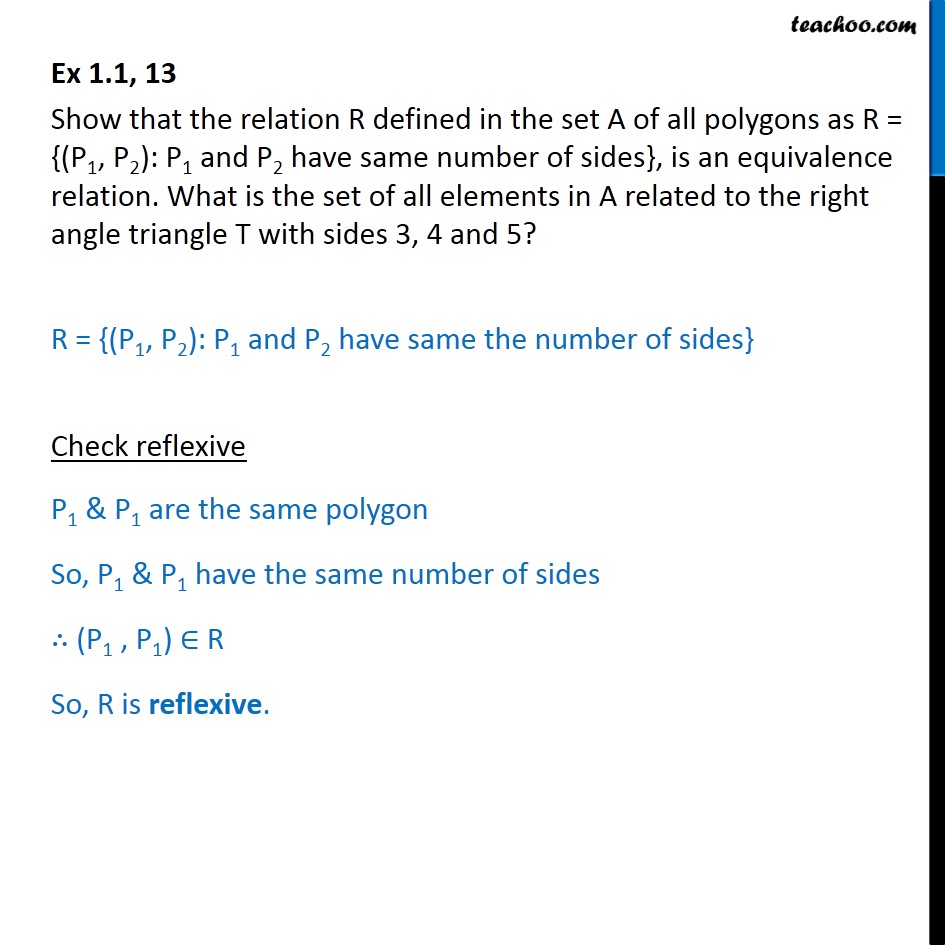Ex 1.1, 13 - Show that R = {(P1, P2): P1 and P2 have same - Ex 1.1