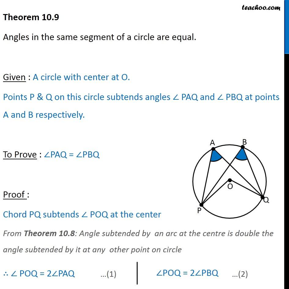 Theorem 10.9 - Class 9 - Angles in same segment of a circle are equal