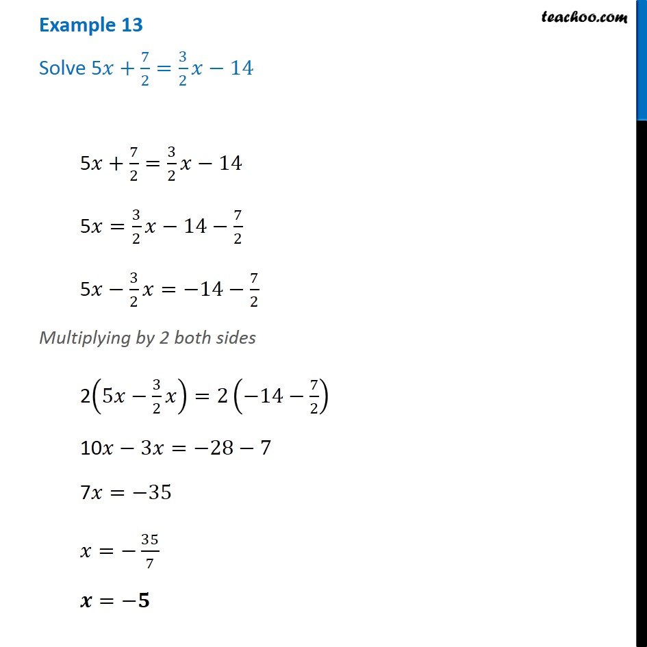 Example 13 - Solve 5x + 7/2 = 3/2 x - 14 - Chapter 2 Class 8