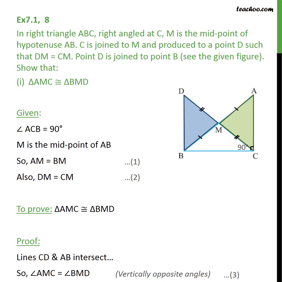 Ex 7.1, 8 - In right triangle ABC, right angled at C, M is