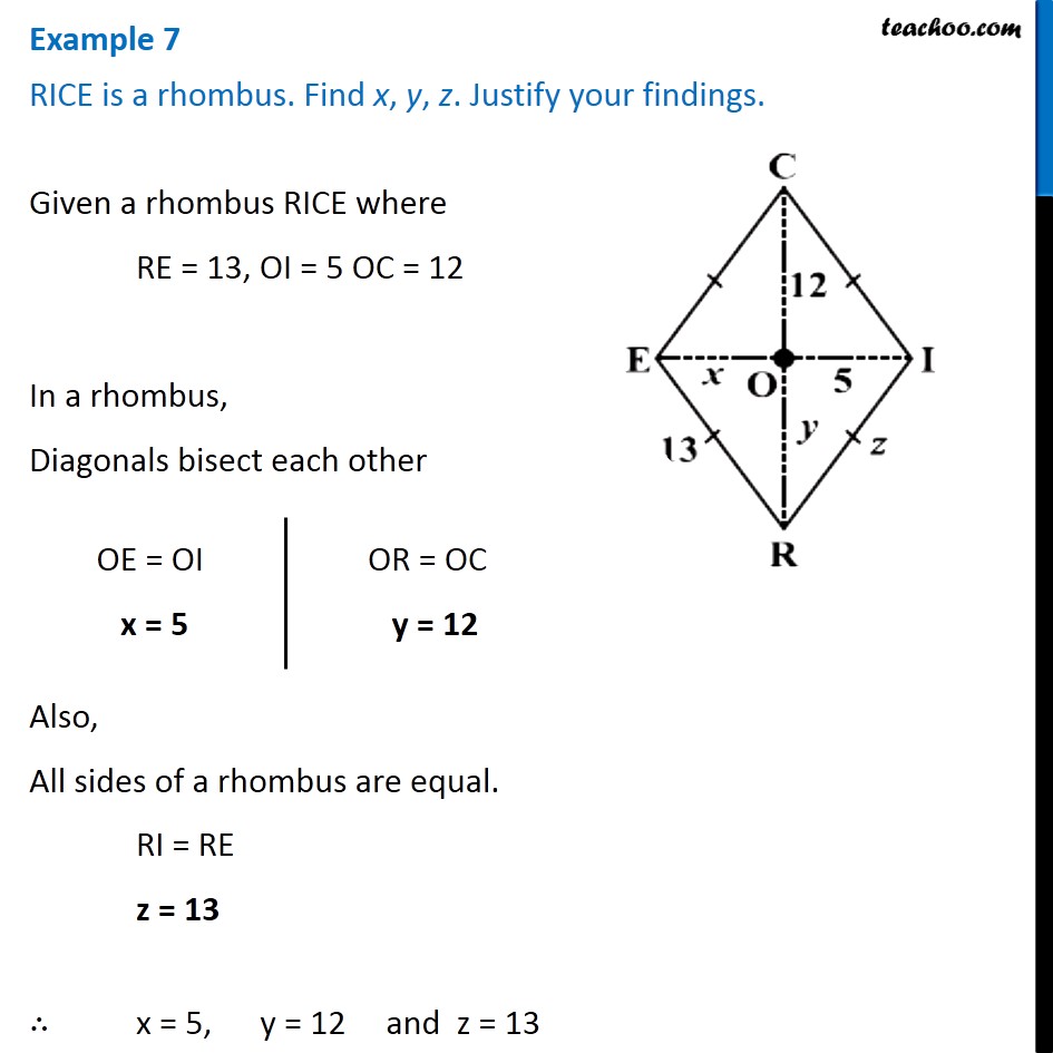 Example 7 - RICE is a rhombus (Fig 3.36) Find x, y, z. Justify