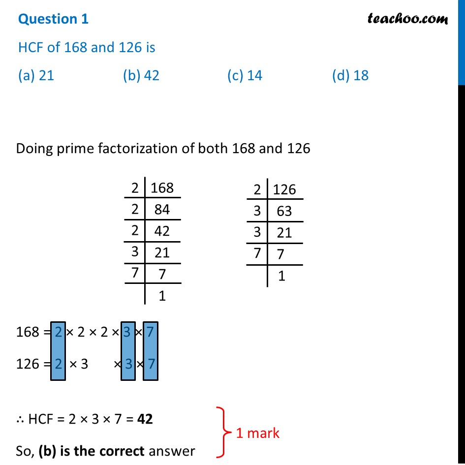 HCF of 168 and 126 is (a) 21 (b) 42 (c) 14 (d) 18 - Teachoo