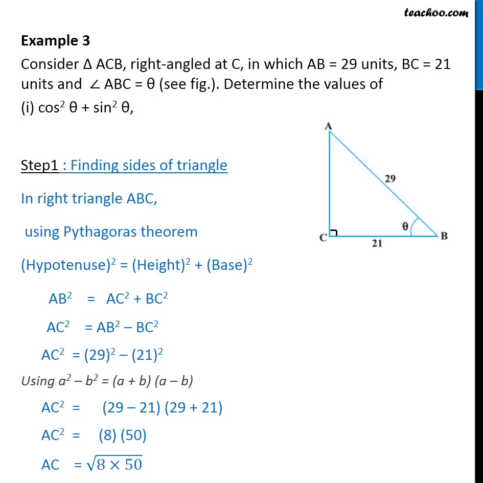 Example 3 - Consider ACB, AB = 29, BC = 21 and angle ABC - Concept wise