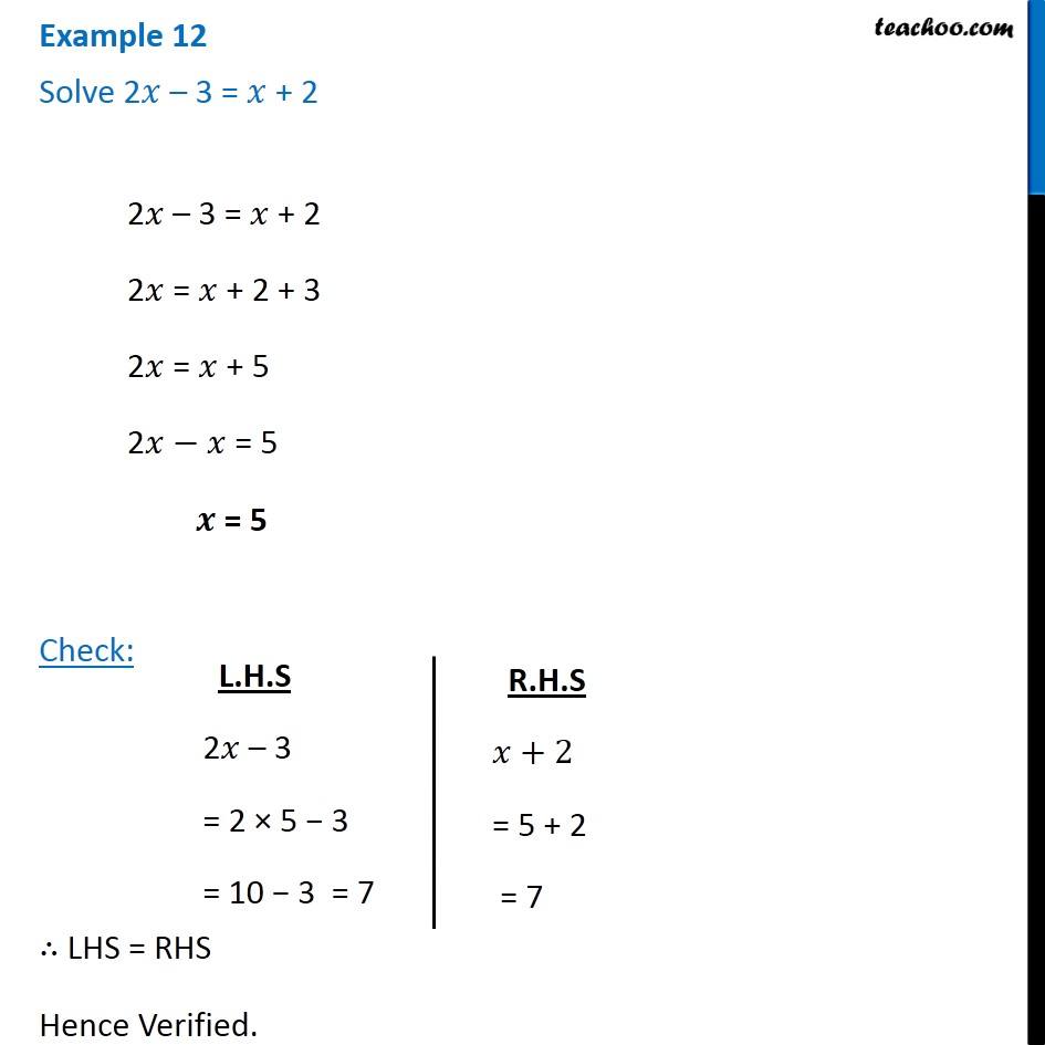 Example 12 - Solve 2x - 3 = x + 2 - Chapter 2 Class 8 - Examples