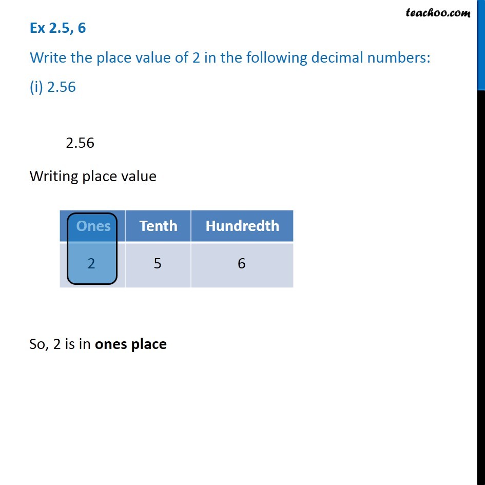 Ex 2.5, 6 - Write the place value of 2 in the following decimal number
