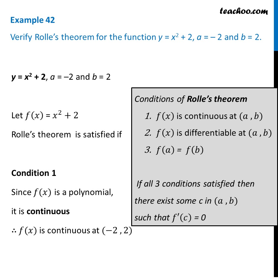 Example 42 - Verify Rolle’s theorem for y = x2 + 2, a = -2