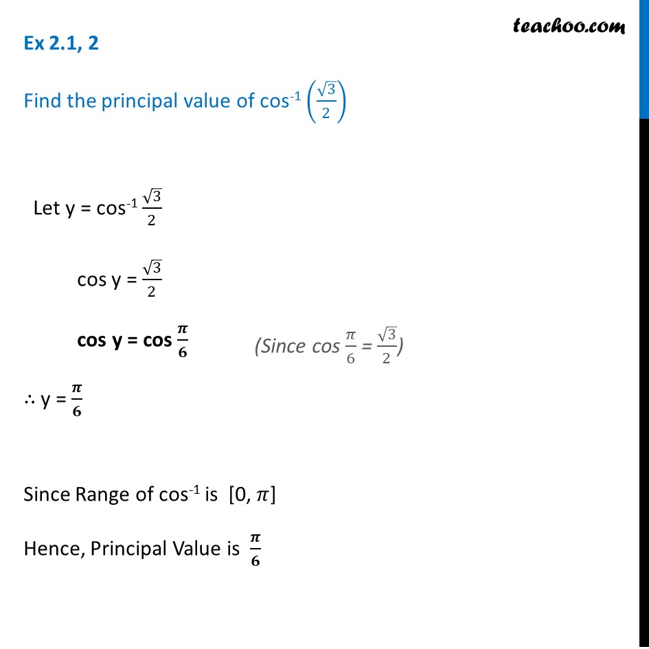 Ex 2.1, 2 - Find principal value of cos-1 (root 3/2) - Class 12