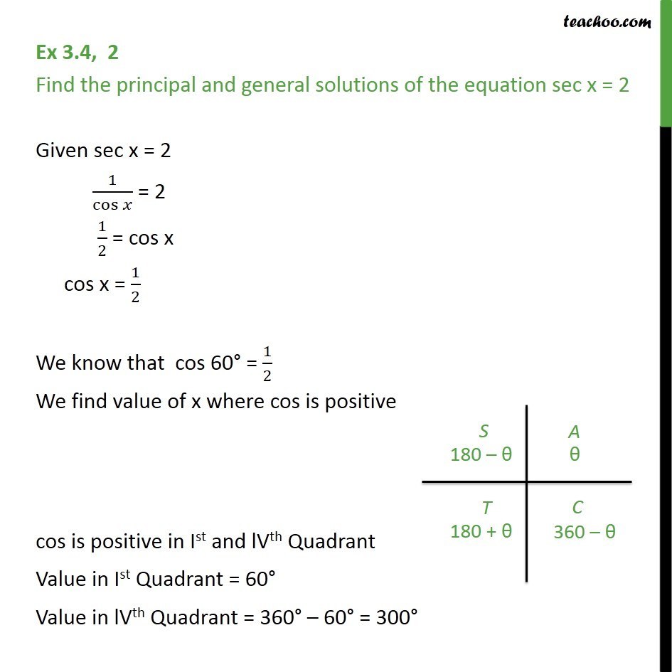 Ex 3.4, 2 - sec x = 2, find principal and general solutions - Ex 3.4