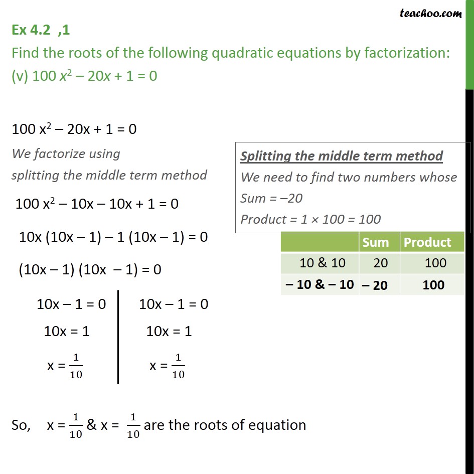 find-roots-of-quadratic-equation-100x-2-20x-1-0-teachoo