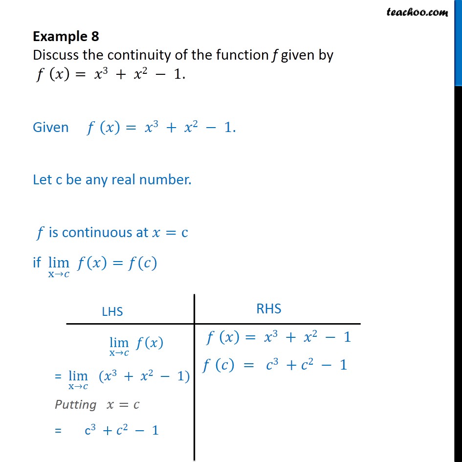 Example 8 - Discuss continuity of f(x) = x3 + x2 - 1 - Examples