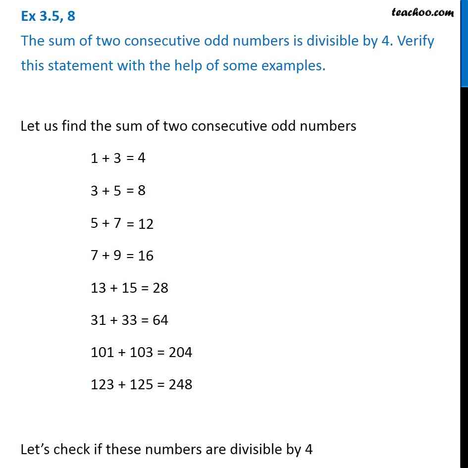 Ex 3 5 8 The Sum Of Two Consecutive Odd Numbers Is Divisible By 4