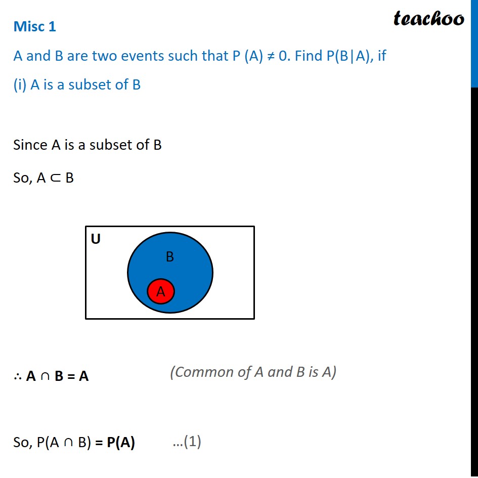 Misc 1 - Find P(B|A), If (i) A Is A Subset Of B - Teachoo