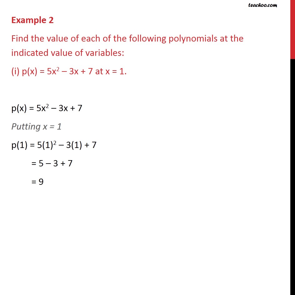 Example 2 (i) - Find the value of each of the following polynomials at