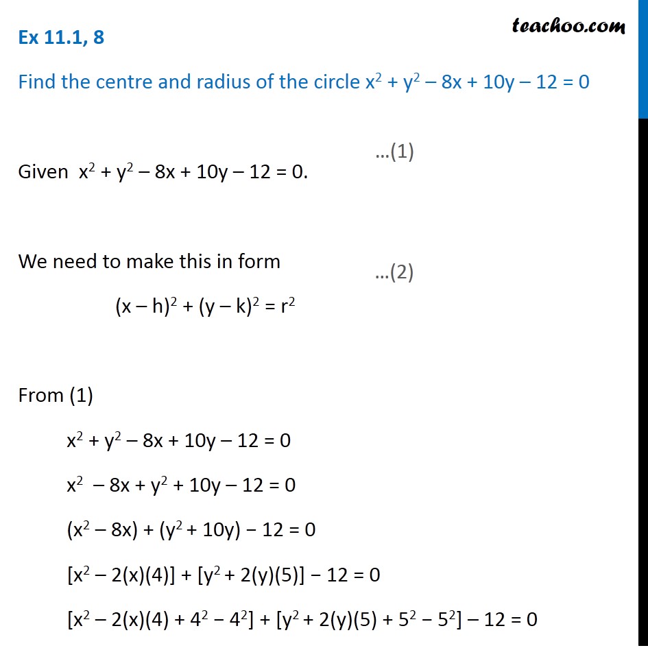 Ex 11 1 8 Find Centre Radius Of Circle X2 Y2 8x Ex 11 1