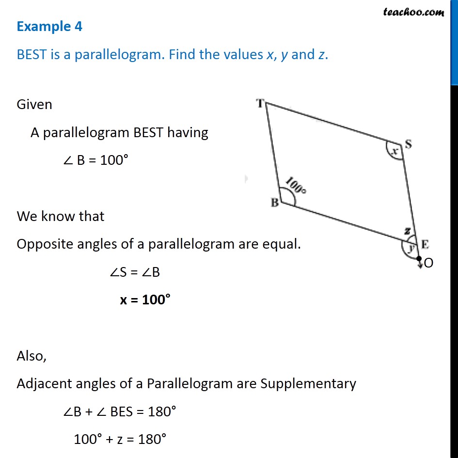 Example 4 - In Fig 3.26, BEST is a parallelogram Find x, y and z.