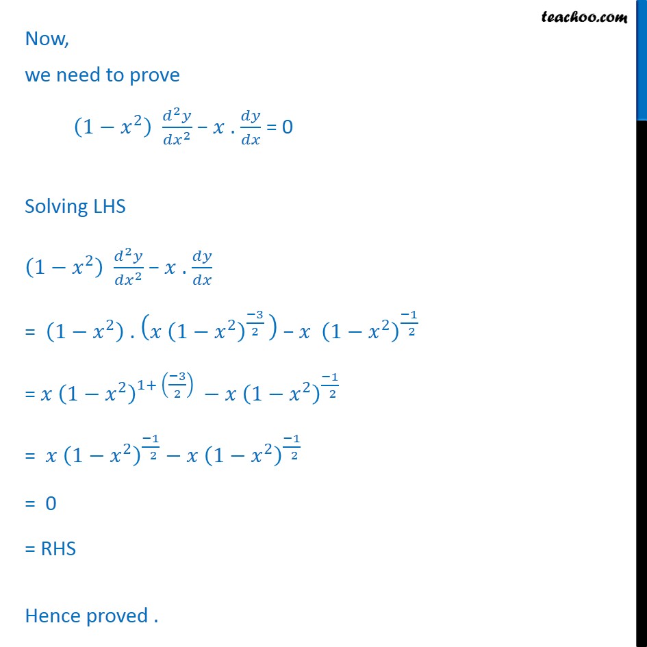 Example 41 - If y = sin-1 x, show that (1 - x2) d2y/dx2 - x dy/dx = 0