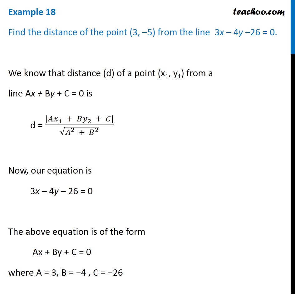 Example 9 - Find Distance Of (3, -5) From Line 3x - 4y - 26 = 0