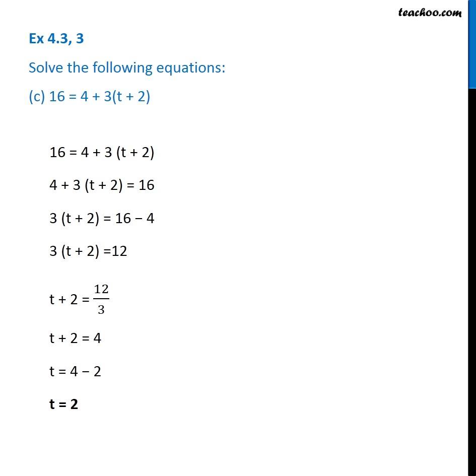 Question 3 - Solve the equation: (c) 16 = 4 + 3(t + 2) - Class 7