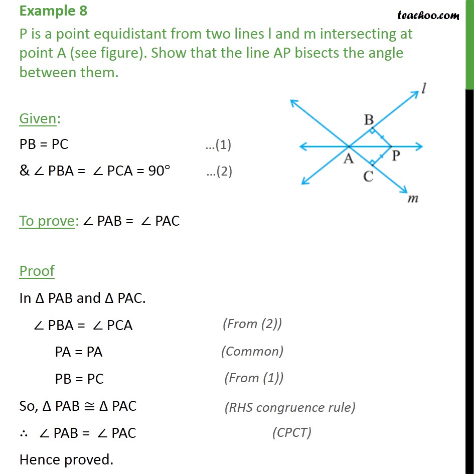 Example 8 - P is a point equidistant from two lines l and m - Examples