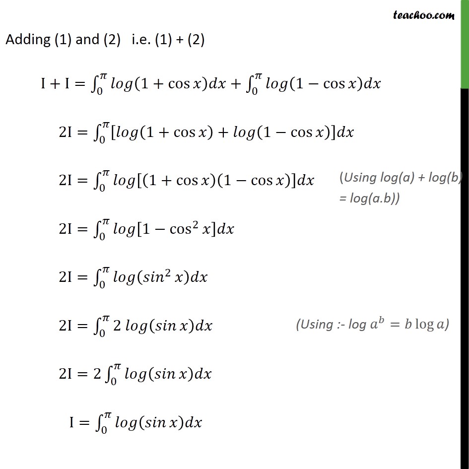 _(7)x)= (d)/(dx)log(7)(log x  log  integral cos 16  Ex 7.11, (1 definite Evaluate