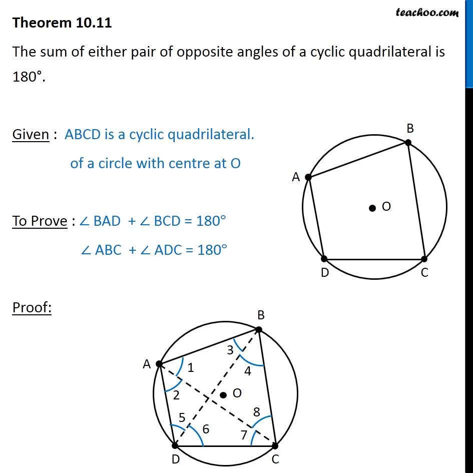 Theorem 10.11 - Sum of opposite angles in cyclic quadrilateral is 180