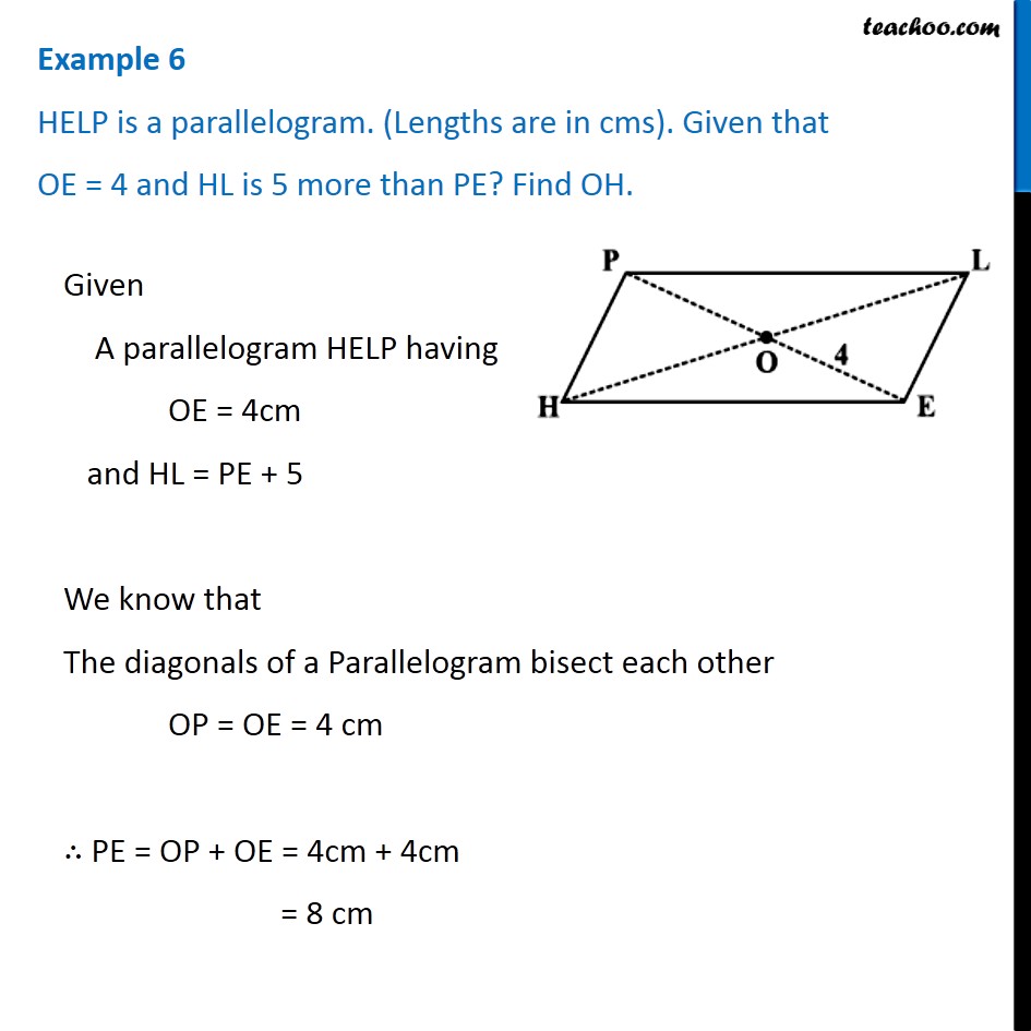 Example 6 - In Fig 3.31 HELP is a parallelogram. Given that OE = 4, HL