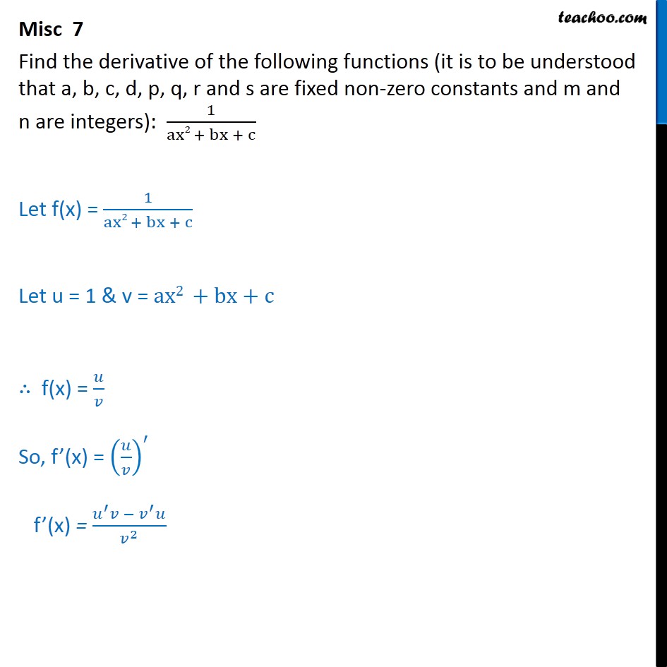 Misc 7 Find Derivative 1 Ax2 Bx C Chapter 13 Ncert
