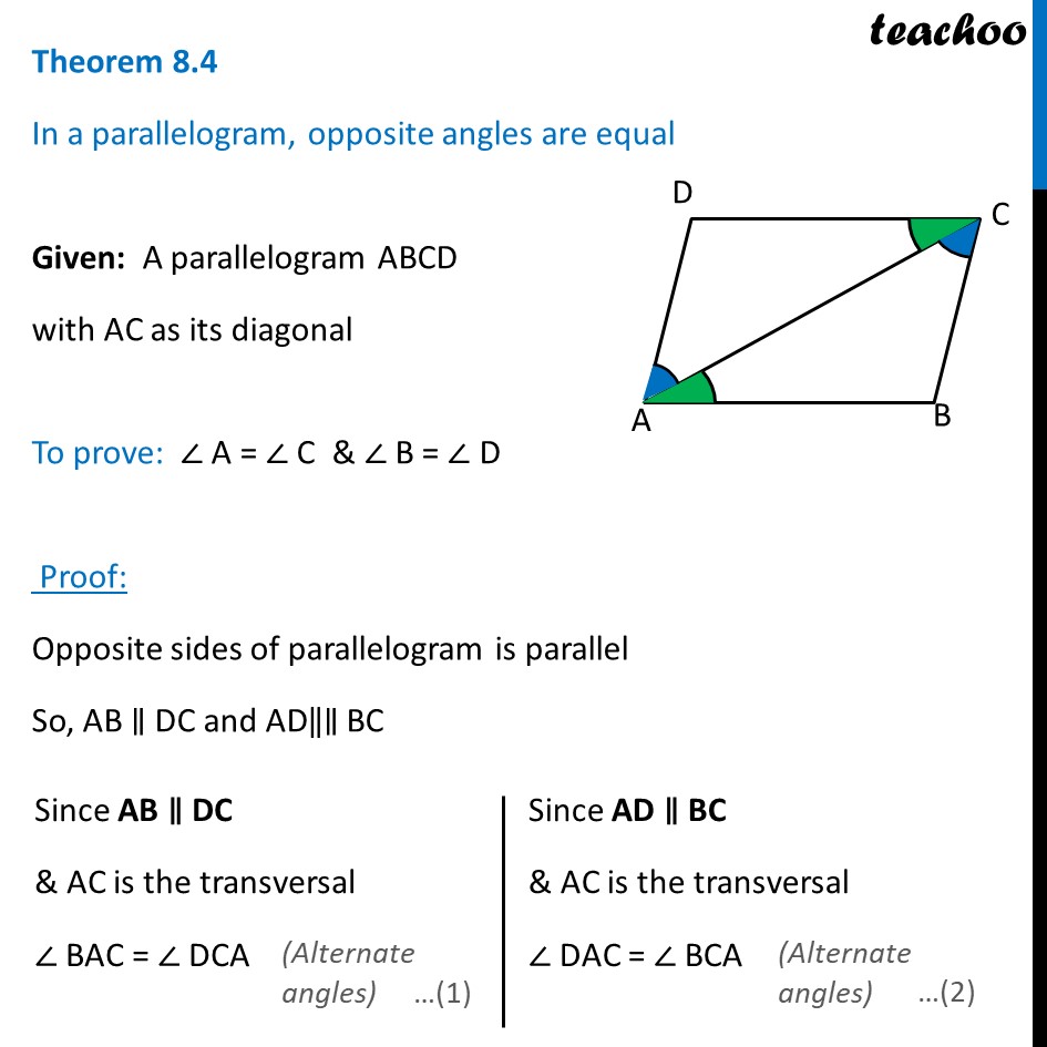 Theorem 8.4 - Class 9 - In a parallelogram, opposite angles are equal