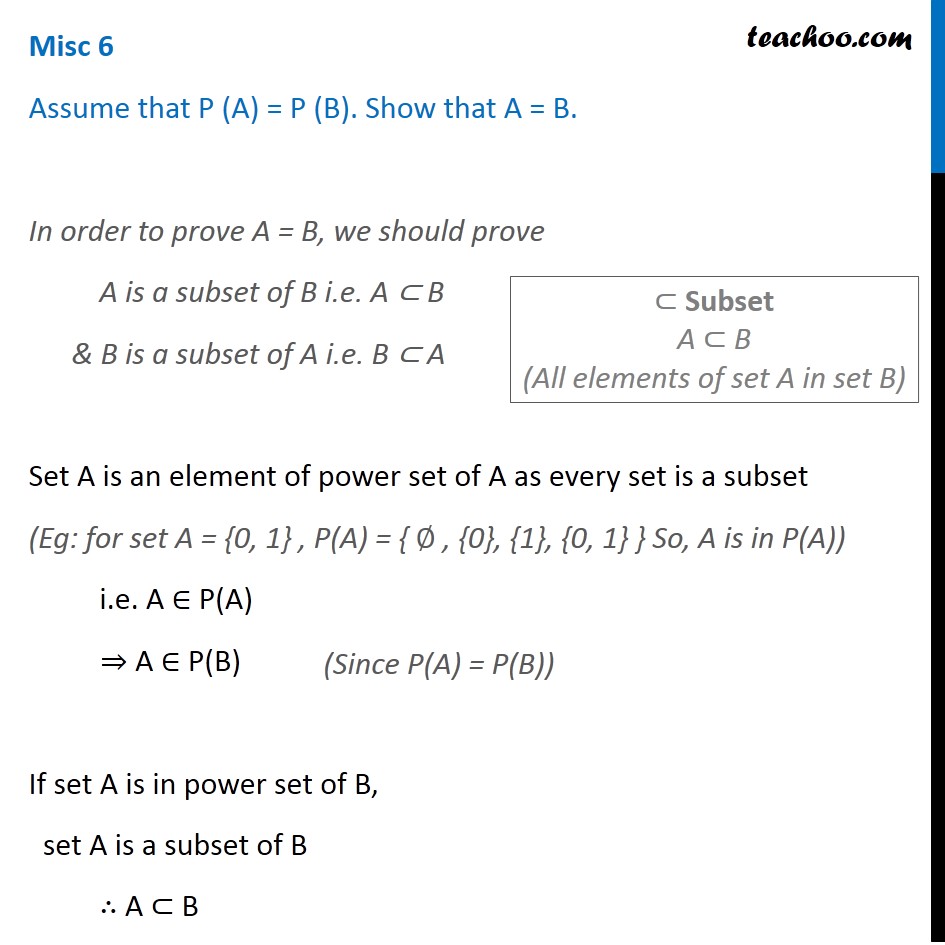 Question 1 - Assume That P(A) = P(B). Show That A = B - Sets Class 11