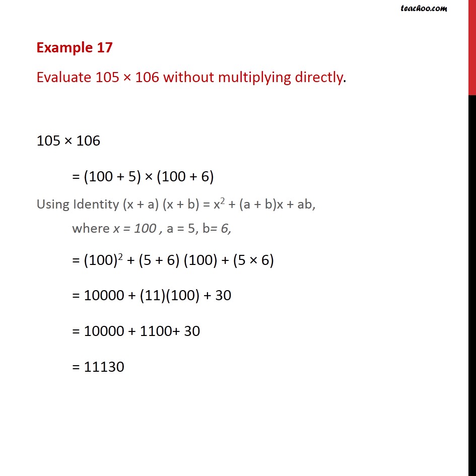 Example 17 - Evaluate 105 x 106 without multiplying directly - Examples