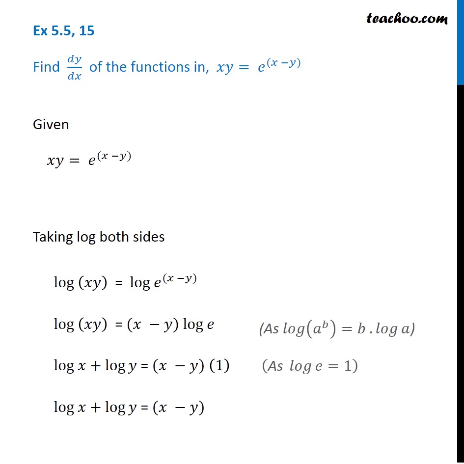 Ex 5.5, 15 - Find dy/dx of xy = e(x - y) - Class 12 - Ex 5.5