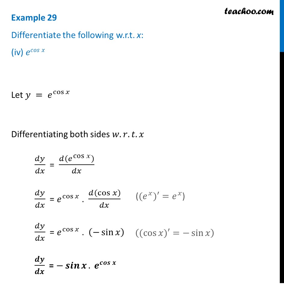 Example 29 (iv) - Differentiate e^(cos x) w.r.t x [with Video]