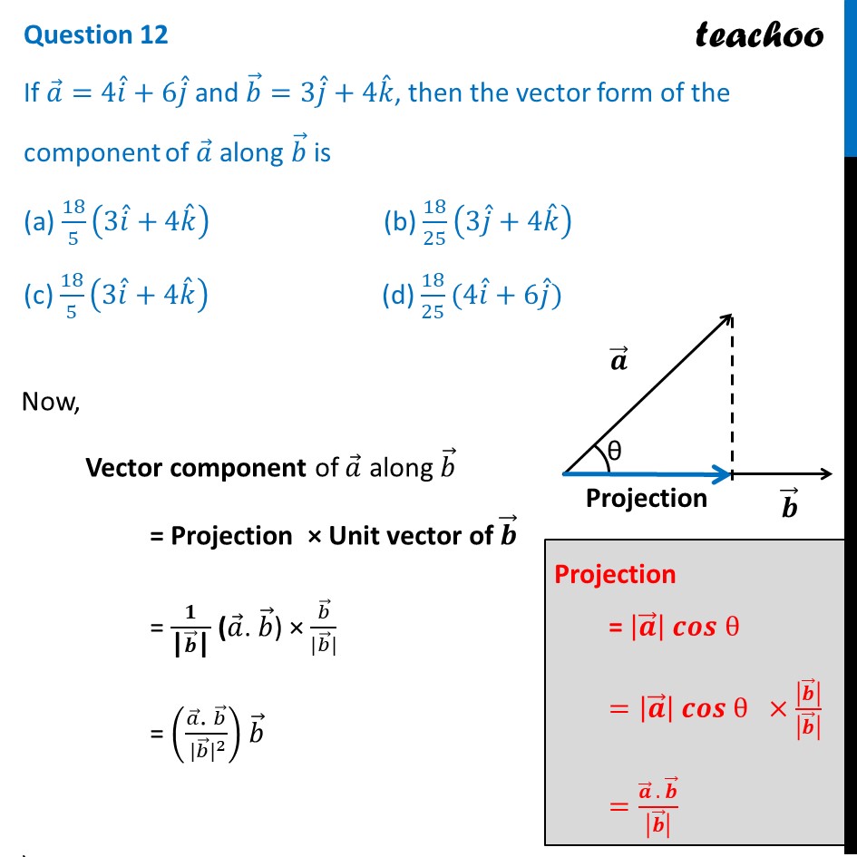 [MCQ] If A = 4i + 6j, B = 3j + 4k, Then Vector Component Of A Along B