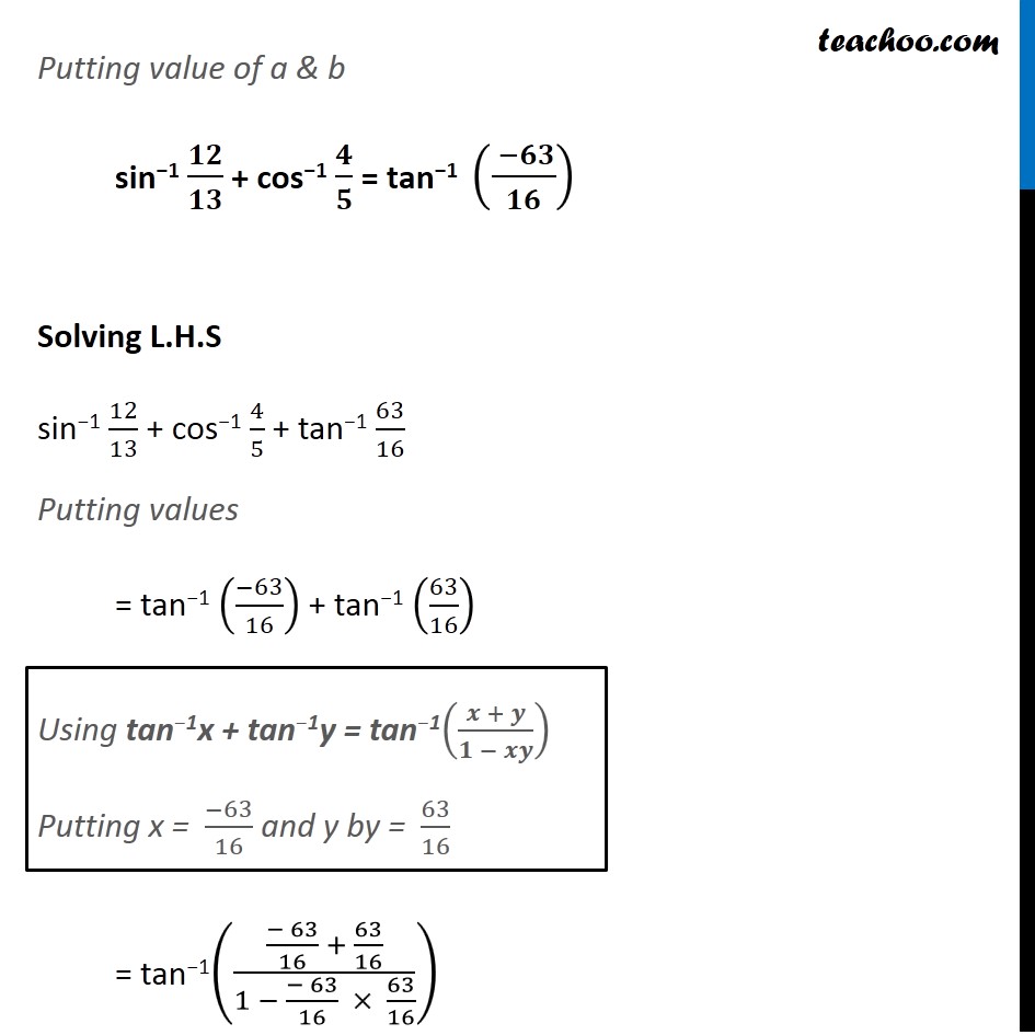 Example 11 - Show Sin-1 12 13 + Cos-1 4 5 + Tan-1 63 16 = Pi